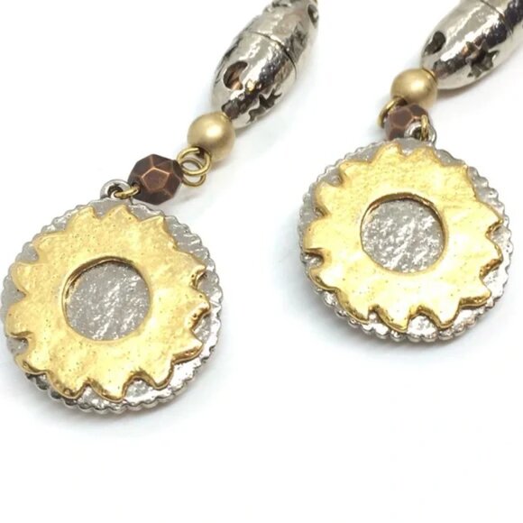 VINTAGE LIZ CLAIBORNE CELESTIAL MIXED METAL DANGLE EARRINGS CLIP ON 80S SUN MOON - Picture 11 of 14